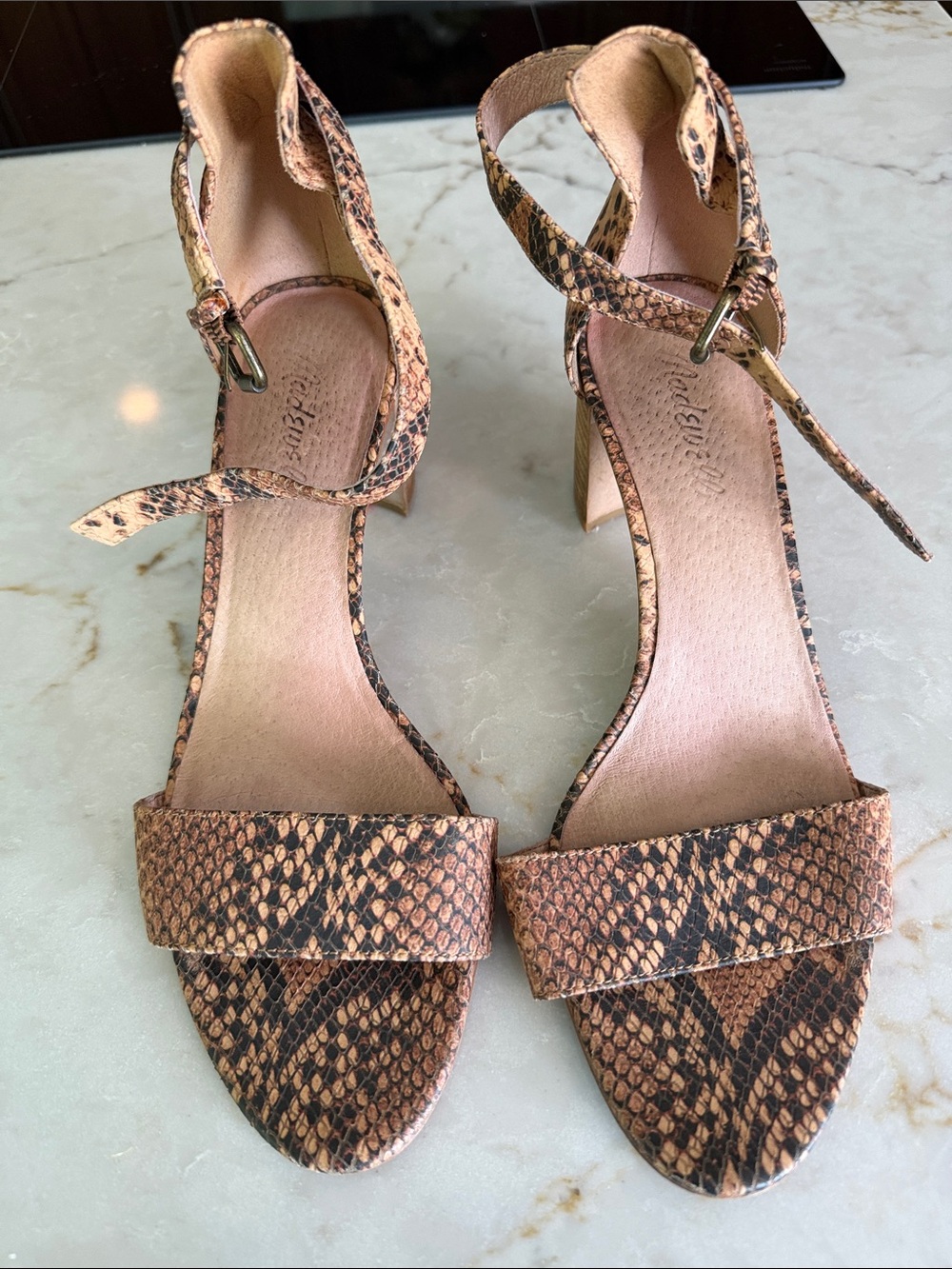 Madewell Brown Snake-Print Ankle Strap Block Heels